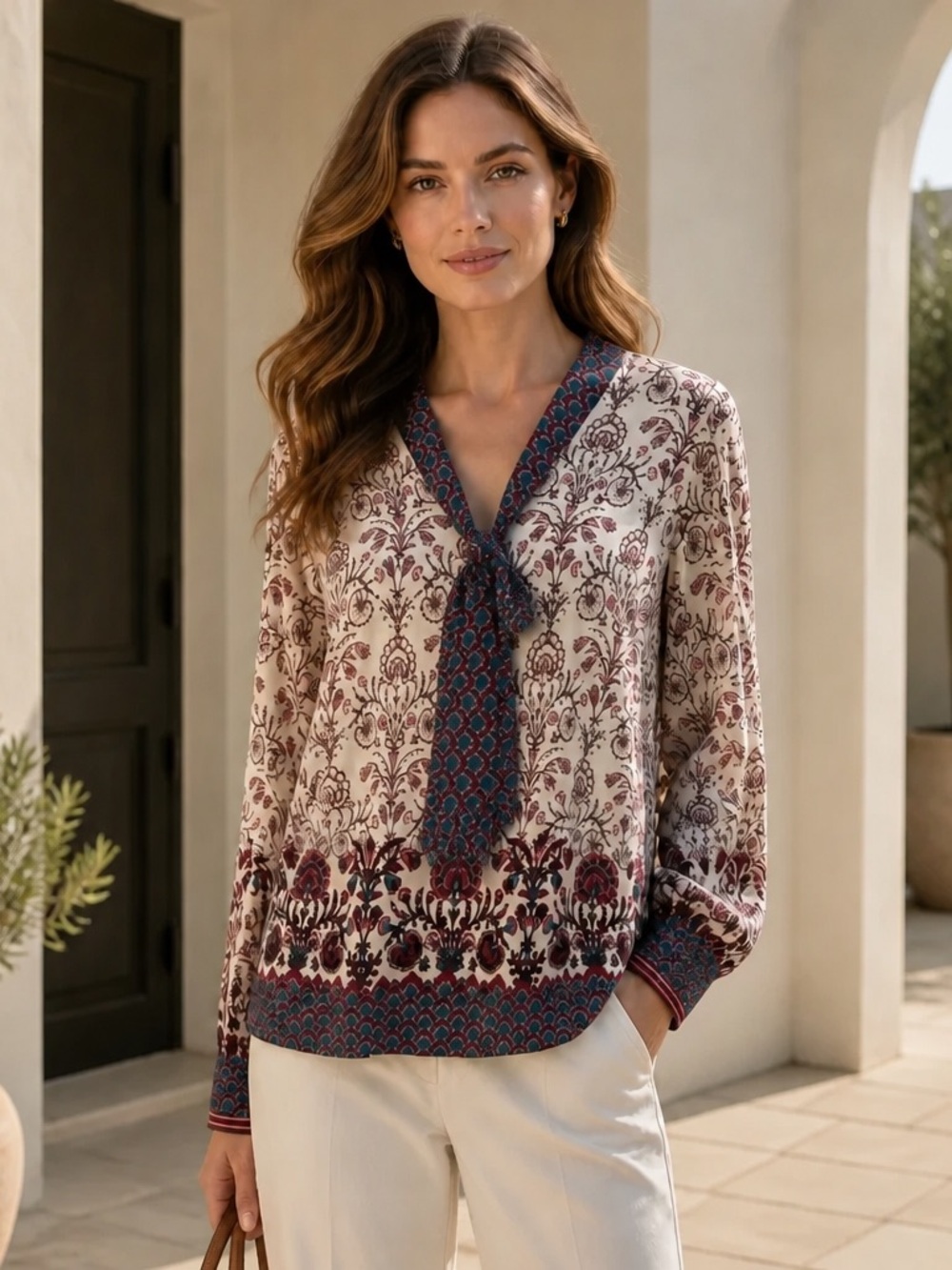 Talbots Women’s L Ivory Floral Tie Neck Mixed Print Blouse Retro Professional
